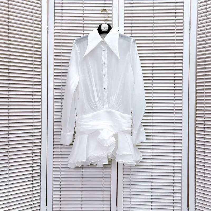 [ZOCI] Goods French High Lotus Leaf Edge White Shirt Dress New Design Sense Short Skirt