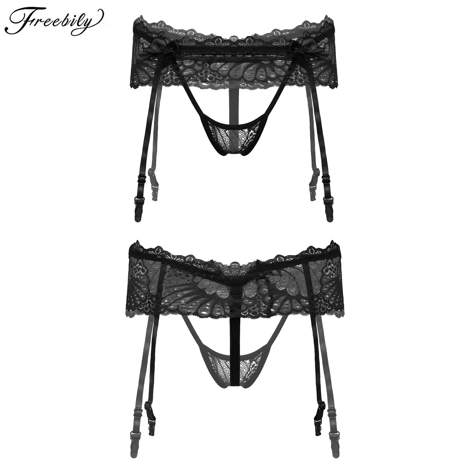 

Men Lace Sissy Garter Belt G-String Briefs Skirted Thongs Bowknot Elastic Waistband Crotchless T-Back Adjustable Underwear