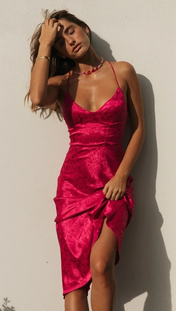 2025 Summer New Satin Bodycon Deep V Sexy Strap Dress 8706