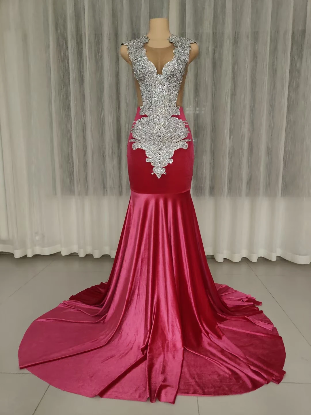 Sparkly Rhinestone Velvet Dress Women's Fashion Evening Prom Birthday Party Dresses Floor-length Performance Stage Wear Kongque