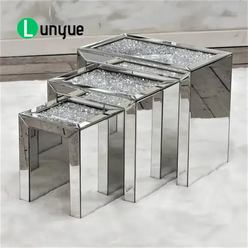 Luxury Mirror Nesting Table Set 3 Piece Crystal Crush Top End Side Tables Modern Living Room Home Furniture