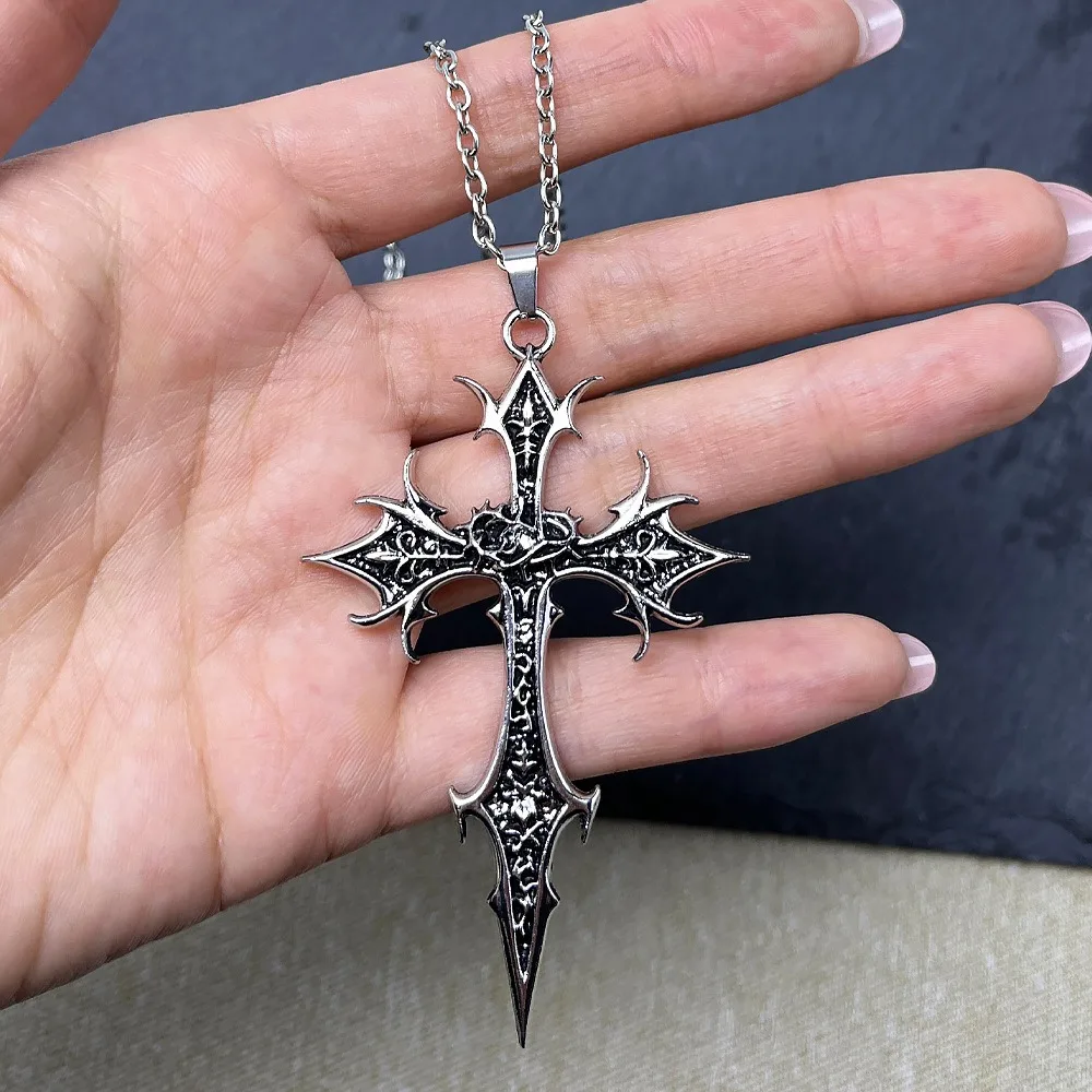 Vintage Gothic Rose Thorn Spike Cross Pendant Long Necklace for Men Women Halloween Punk Rock Hip Hop Religious Neck Jewelry