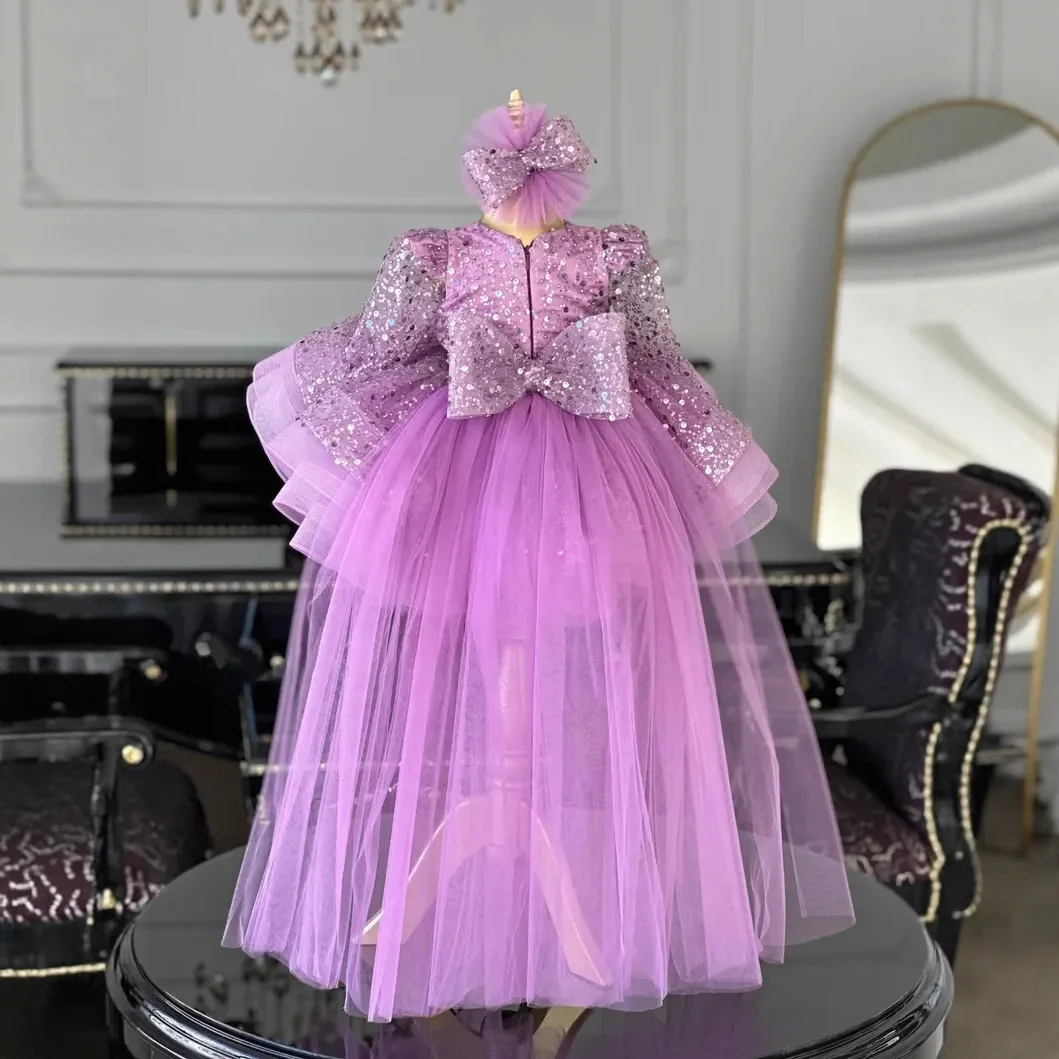Flower Girls Dress Kids' Purple Sequin Sparkly Organza Bow Tutu Dress - Formal Princess Birthday Party Prom Ball Gown view 4