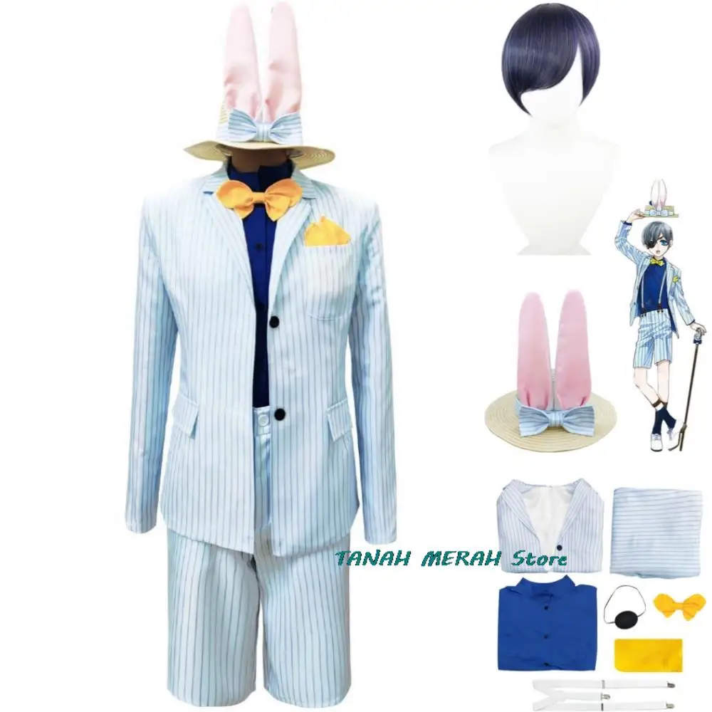 Black Butler Ciel Phantomhive Cosplay Costume pour hommes et femmes, perruque en polaire, chapeau d'uniforme à rayures petit lapin, balle de masquage Tim ade trempée