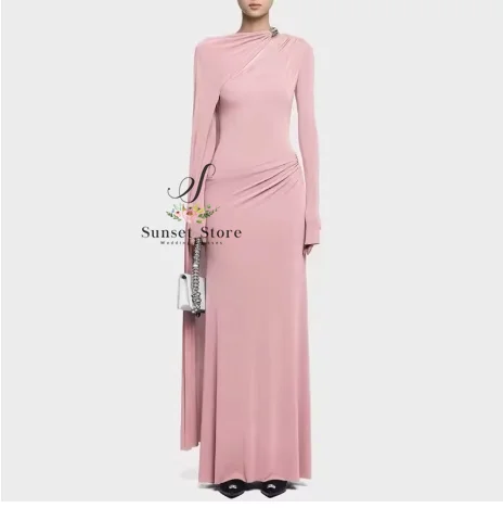 Customized   Women's Designer Dress Asymmetric Ribbon Metal Buckle Spliced Solid High Waist Floor Length Dresses 2025