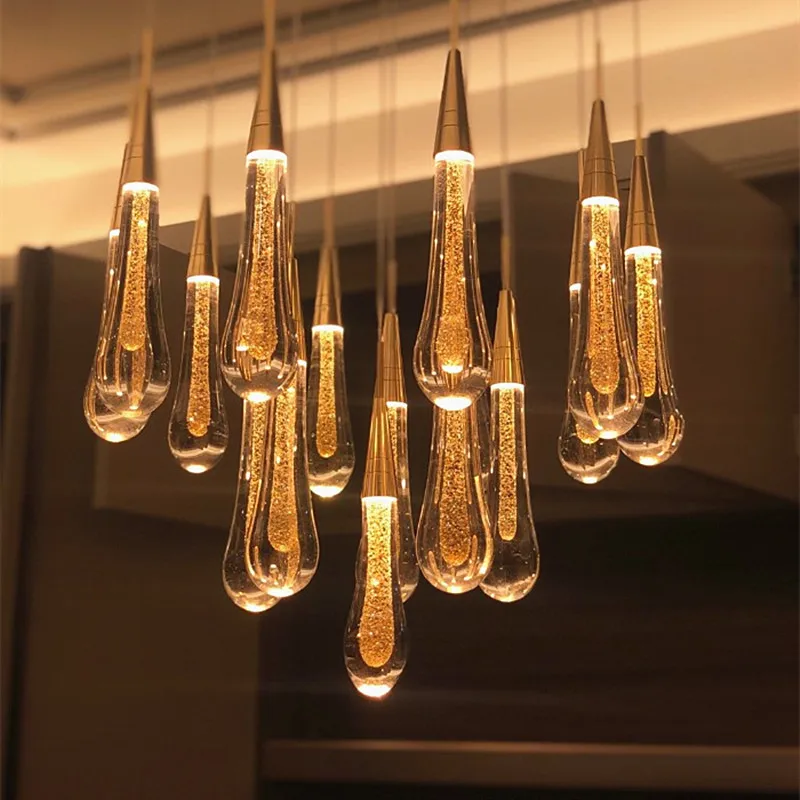 Luxury raindrop Crystal pendant light long led Lamp bedroom beside Restaurant Home Decor dinner Hanging Light for Staircase lamp