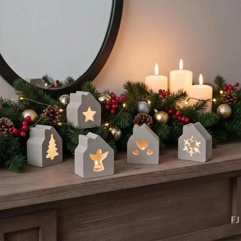 

[YU]1pc 6-Cavity Christmas House Candle Holder Silicone Mold, Christmas Series Theme Hollow House Mold, Resin Casting Mold