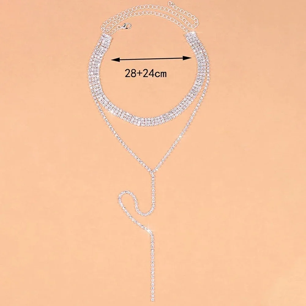 Black Rhinestone Long Tassel Choker Necklace for Women Accessories Fashion Crystal Chain Double Layer Necklace Wedding Jewelry