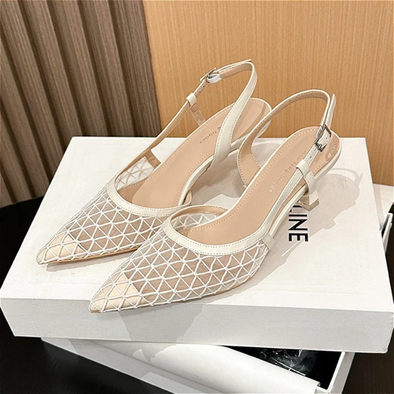 

Sexy Metal Pointed Toe Pumps Sandals Women Mesh Breathable Sandals Ladies Fashion Party Dress Shoes Female Sandalias De Mujer