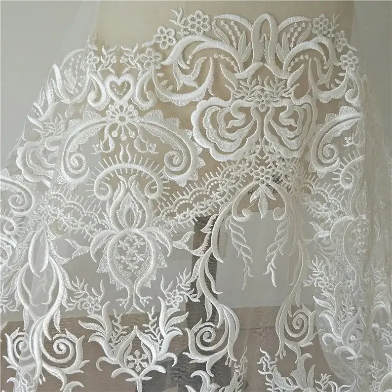 

Flower Fabric, Off White Sequined Mesh Lace Fabric, Sequined Floral Tulle Fabric, Wedding Dress Fabric 51" Width 1 Yard
