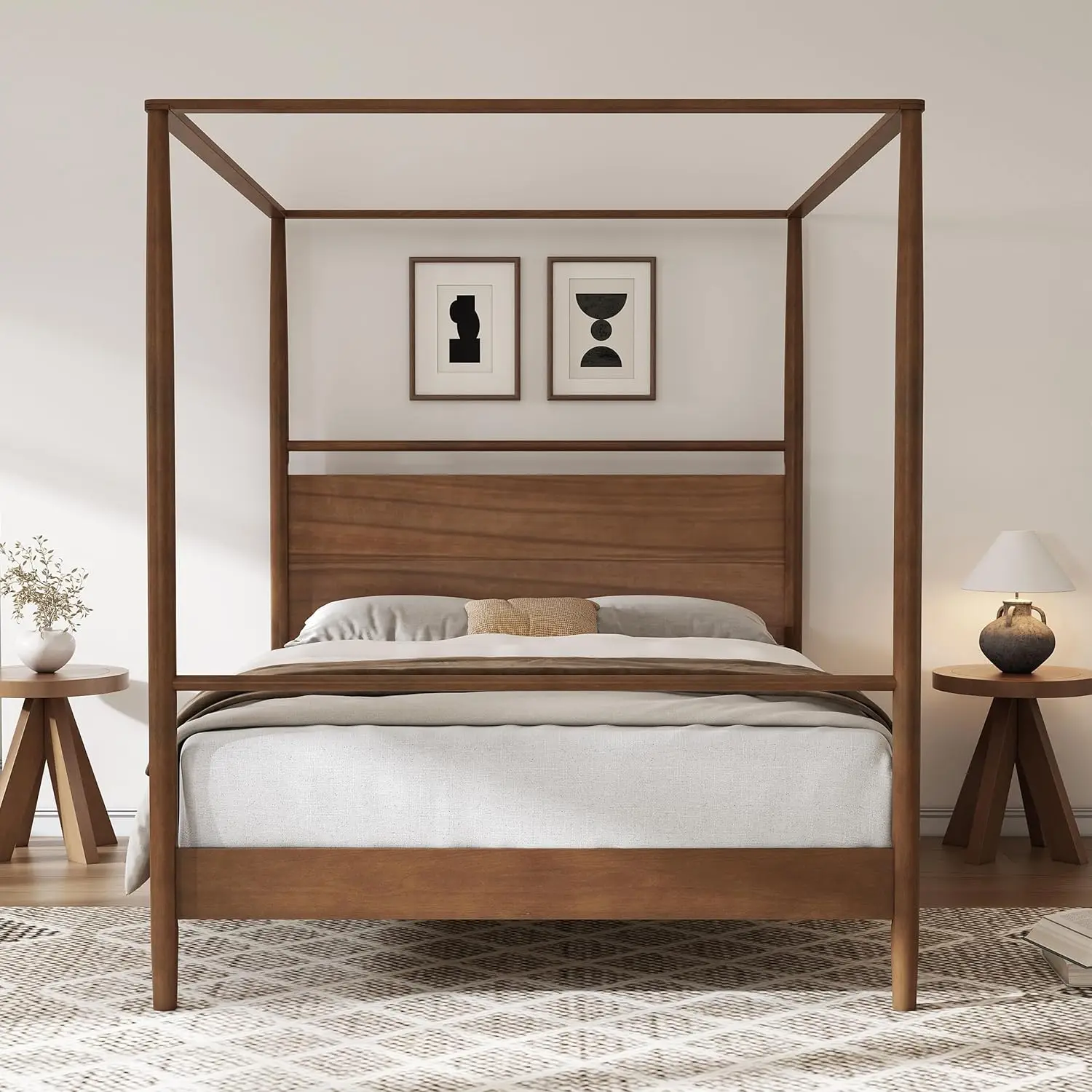 Solid Pine Wood Canopy Bed Frame with Built-in Headboard 4 Posts And Complete Roller Track for Easy Access No Box Required