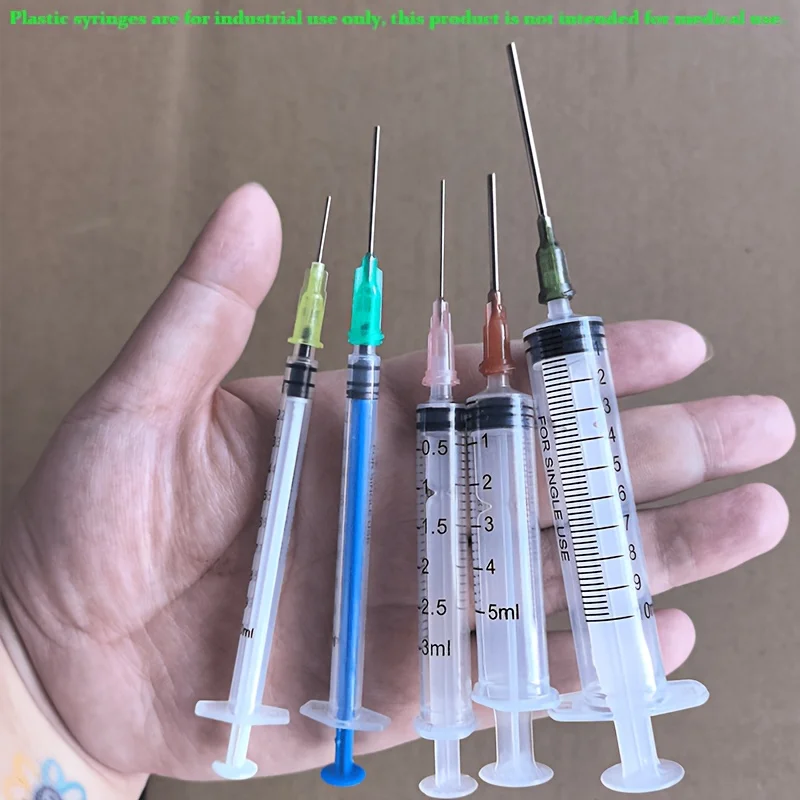 Juego de jeringas de boca recta para laboratorio, 5 piezas, incluye tamaños de 1 ml, 3 ml, 5 ml, 10 ml, 20 ml, 30 ml y 60 ml, con 5 agujas de punta roma de diferentes especificaciones, adecuadas para aplicaciones industriales y de laboratorio, se pueden u