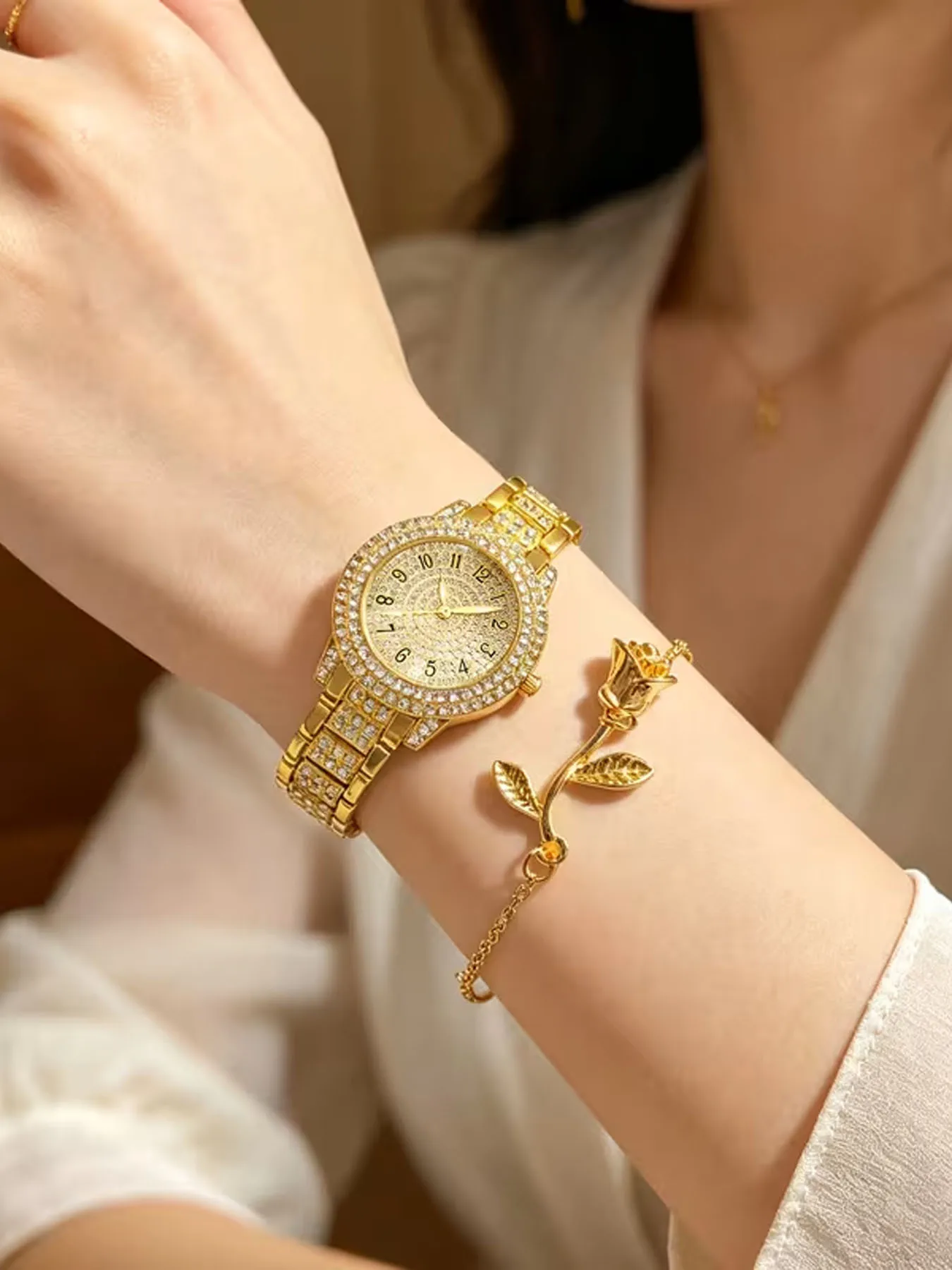 Full Sky Star Rhinestone Women's Watch Set with Stainless Steel Band and Full Diamond Quartz Ladies Watch