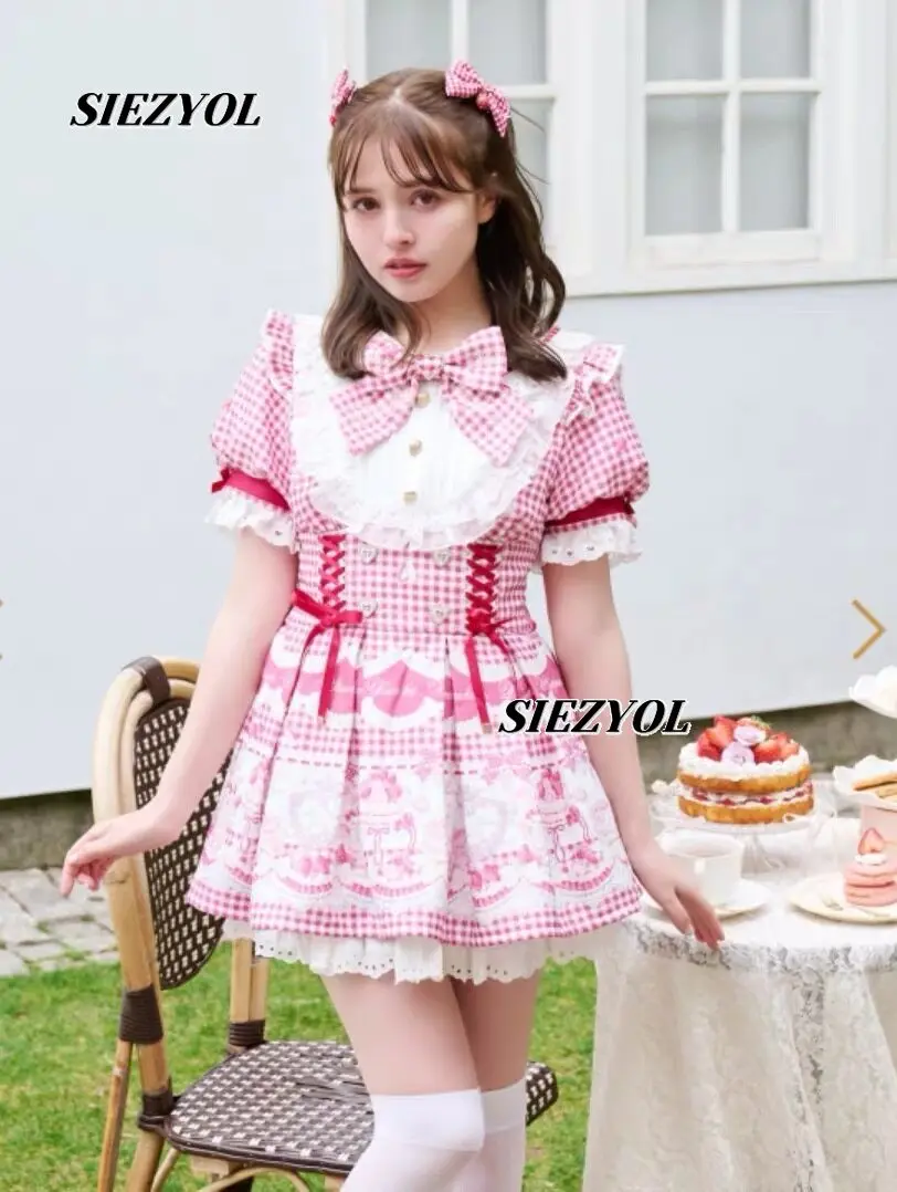 

Oversize Liz Japanese Lolita Dress Clothes New Sweet Cute Girls Kawaii Bow Slimming High Waist Plaid Printing Dresses Outfits
