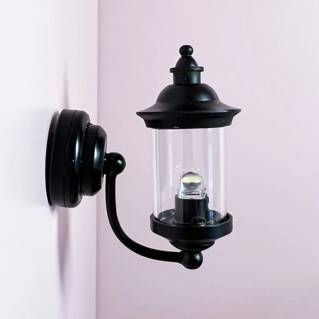 AS96-1/12 Scale Dollhouse Accessories Miniature LED Wall Sconce Lamp, Outdoor Lantern Black Wall Light,Battery Operated