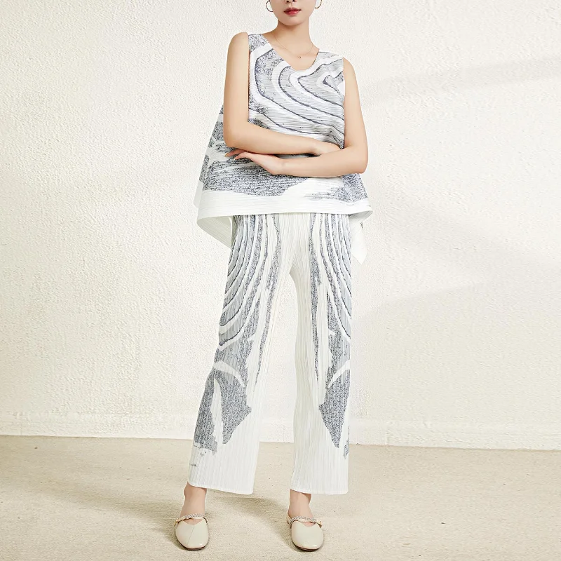 

Runway Designer Summer Clothes for Women Vintage Elegant Printed O-neck Top and Long Pant Sets 2023 Korean Fashion Outfits