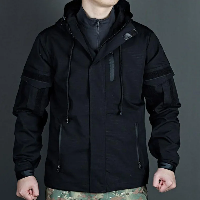 Spring Autumn Tactical Hooded Jackets Mens Outdoor Multiple Pockets Waterproof Hiking Climbing Casual Loose Caots Male