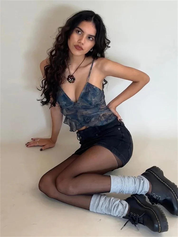 Y2K Stampa Canotta Donna Sexy Collo basso Maglia Patchwork Ruffles 2025 Tendenza estiva Classico Backless Streetwear Canotte