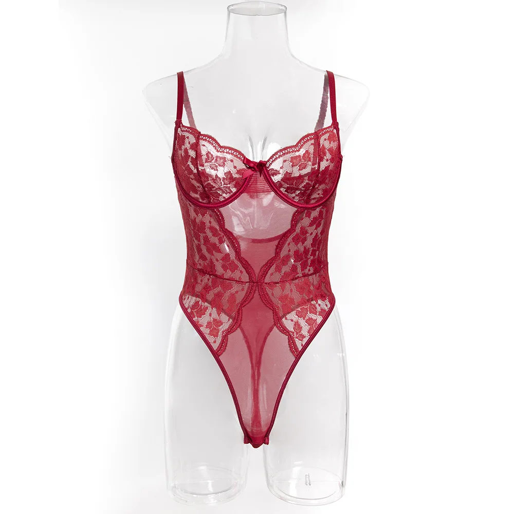 

Винно-красный кружевной комбинезон для женщин: сексуальное прозрачное боди с эффектом коррекции фигуры, облегающее, с утягивающим эффектом на талии, на бретельках, в стиле «Spicy Girl»