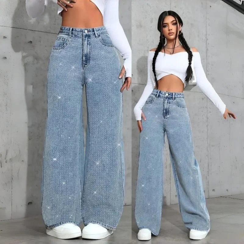 Female Mid-rise Baggy Jeans Girls Stretch Hotfix Rhinestone Designer Straight Leg Pants Lady Chic Fashion Blue Denim Trousers