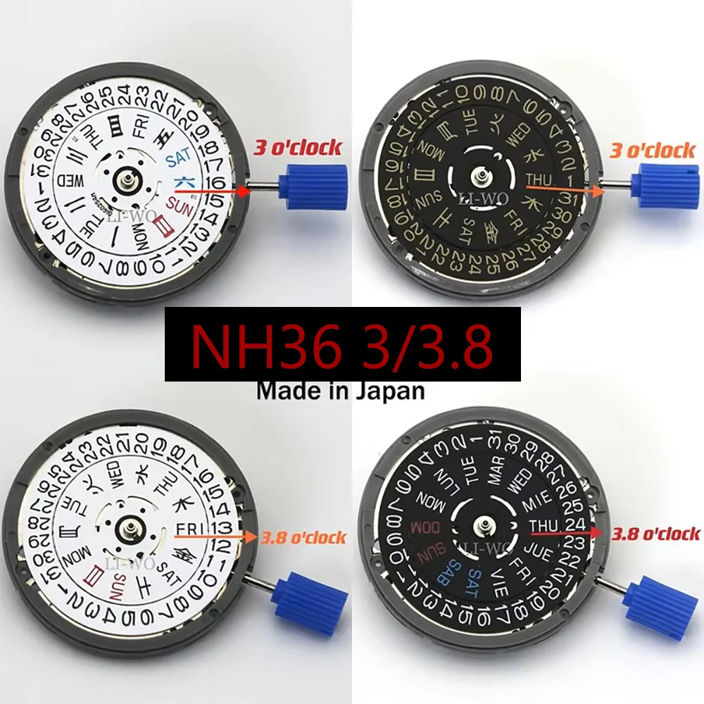 NH36 Movement, Made in Japan Seiko NH36A Dual Calendar Mechanical Movement 3/3.8 o'clock Crown, Watch Repair Replacement Parts