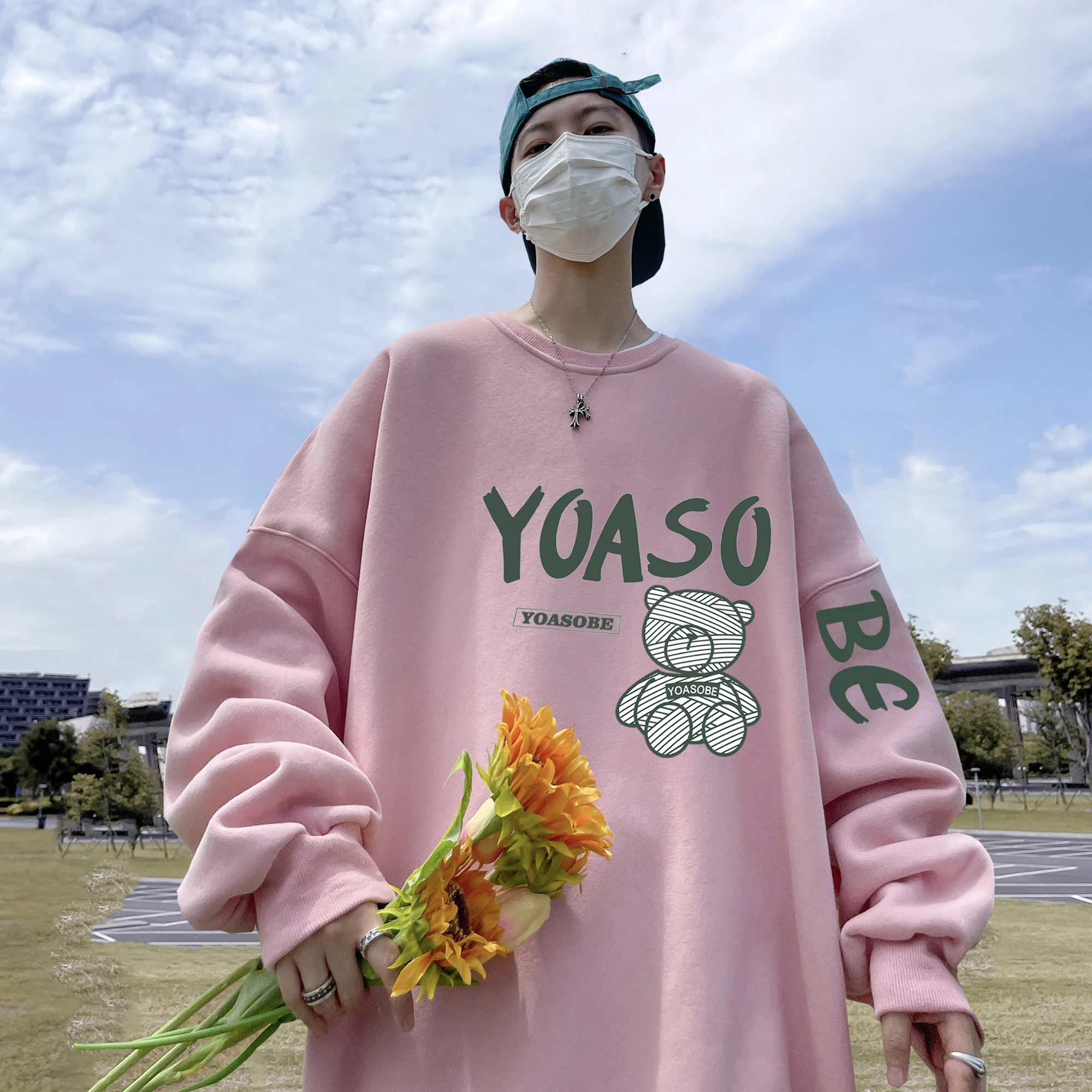 

Pink Sweatirt Men's Loose round Ne Spring Autumn Faionable Bear Print Casual Comfortable Streetwear Trendy Street Sle