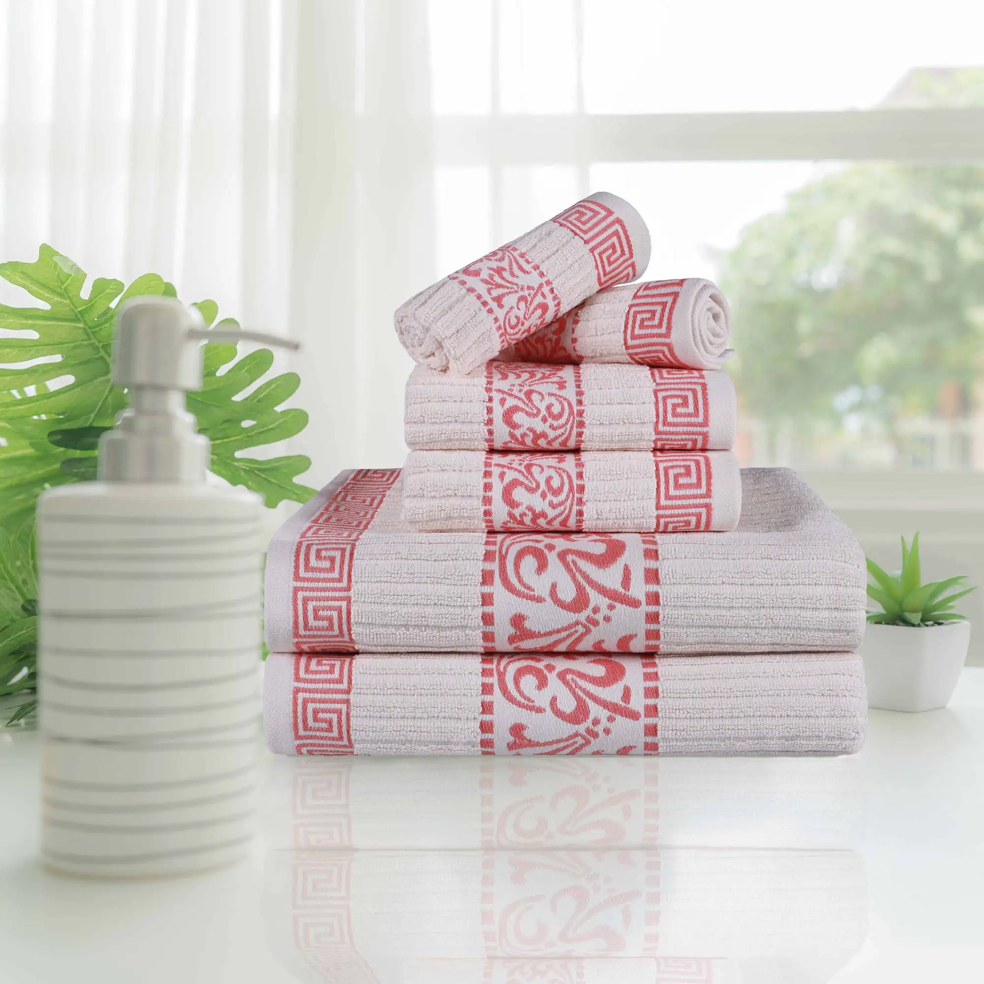 

Athens 6-Piece Cotton Greek Scroll Towel Set, Ivory-Coral