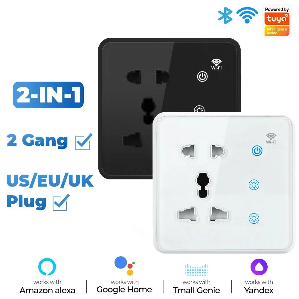 

2 Gang Tuya Smart Home Wifi Wall Touch Switch with Socket US EU UK Smart Light Switch Support Alexa Google Black White