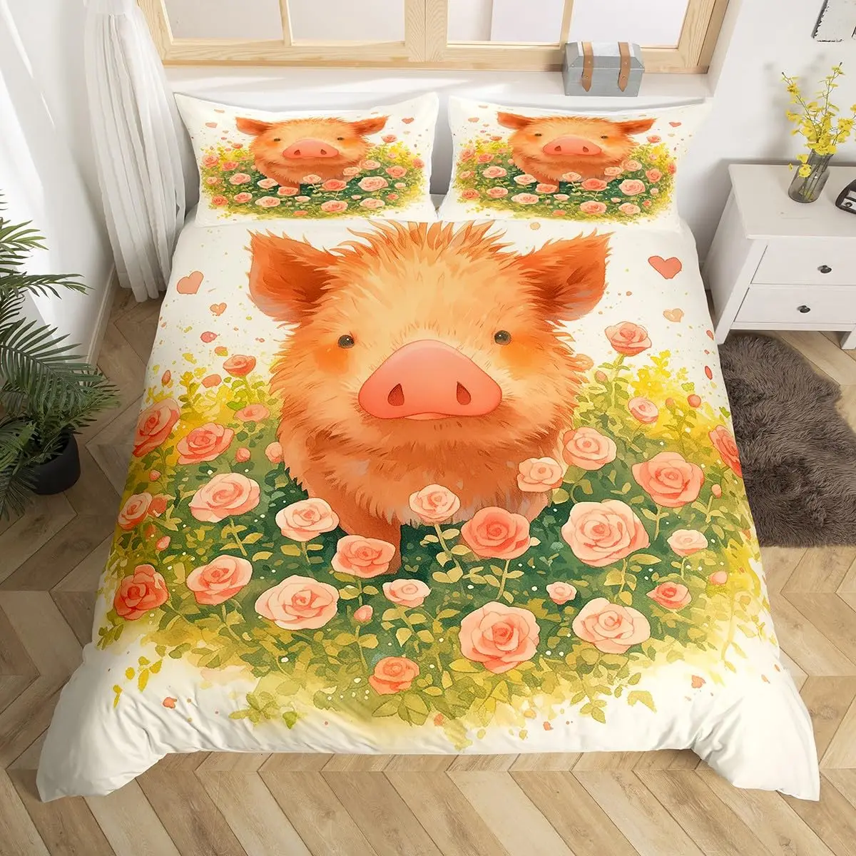 Pig Duvet Cover King Twin Lovely Cartoon Piggy Comforter Cover,Girls Pink Bedding Set Kawaii Farm Animal Microfiber Quilt Cover