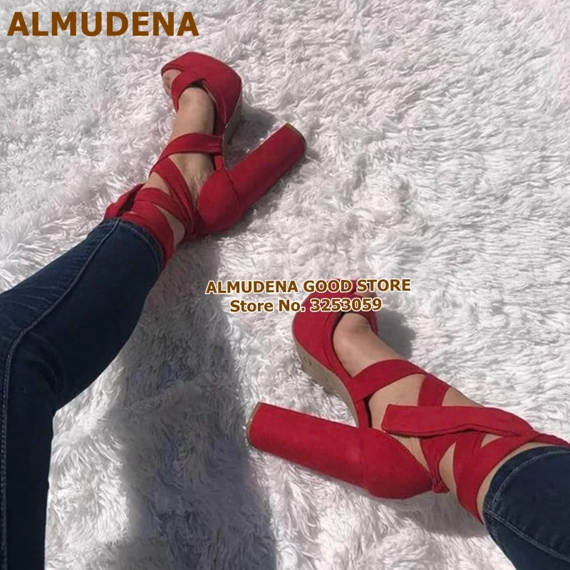 ALMUDENA أعلى جودة الأصفر الجلد المدبوغ منصة حذاء بكعب سميك صنادل طراز جلاديتور الدانتيل متابعة عبر Strappy مأدبة أحذية ملهى ليلي مضخات