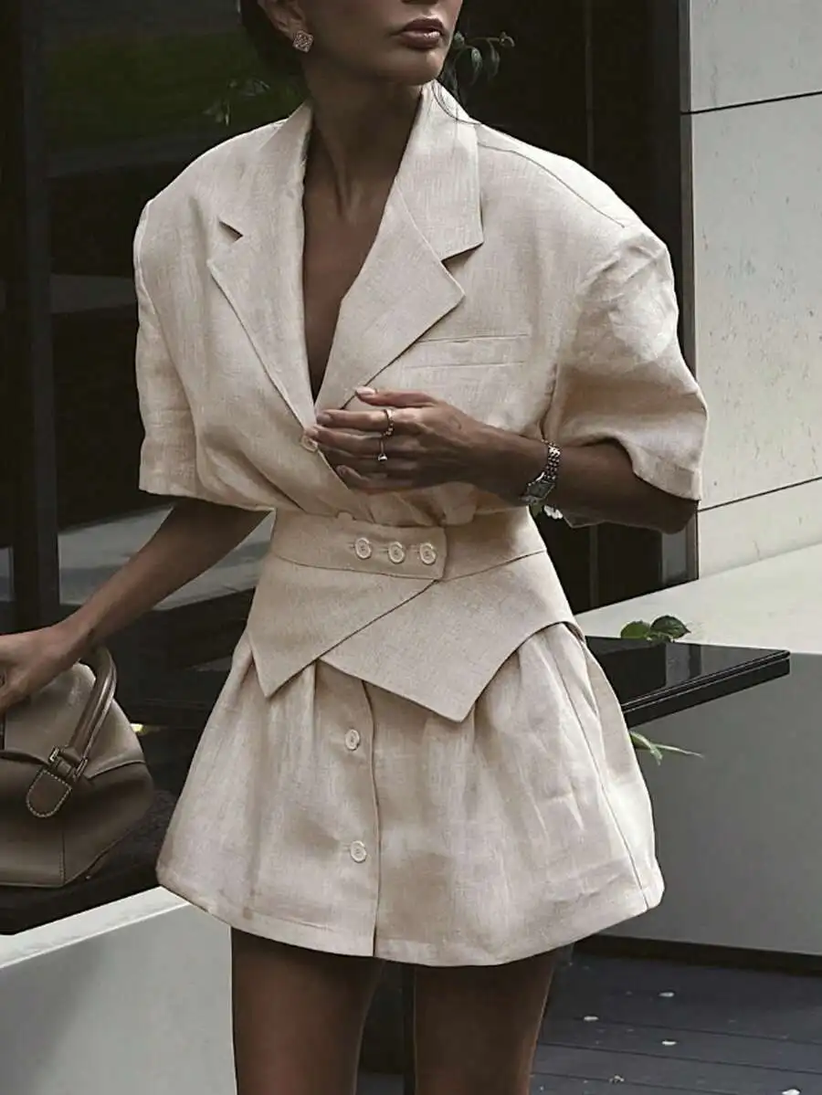 

Womens Beige Linen Short Sleeve Notched Lapel Belted Asymmetrical Hem Blazer Dress Office Two Piece Set