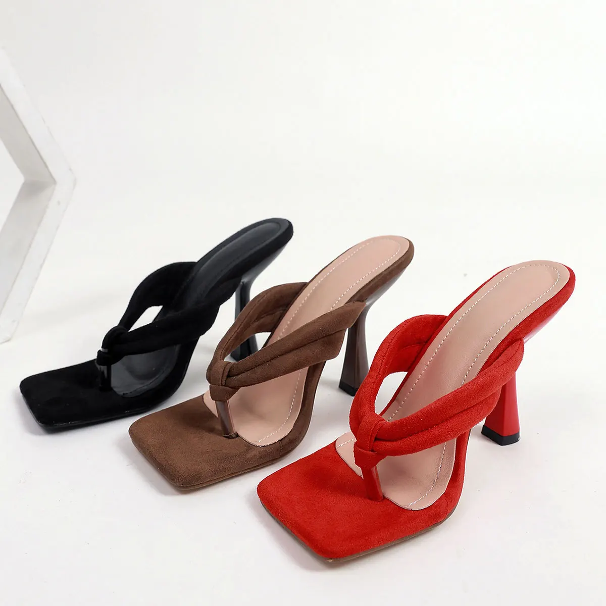 2022 Summer New Slippers Fashion Solid Flock Pinch Toe Thin High Heel Women Mules Leisure Shallow Outdoor Sandals 35-42