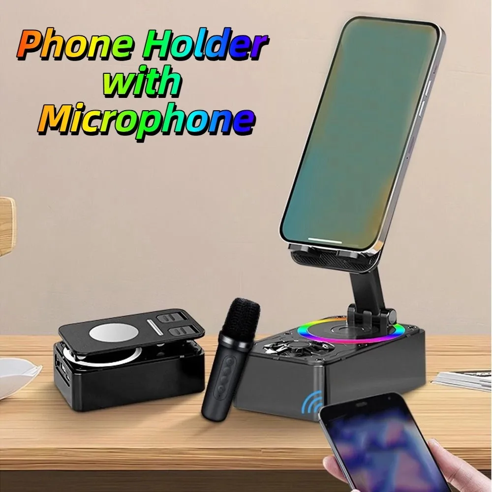 

4-in-1 Phone Holder Stand Foldable 360° Rotating Wireless Bluetooth speaker Anti-Slip Pads with Colorful Light