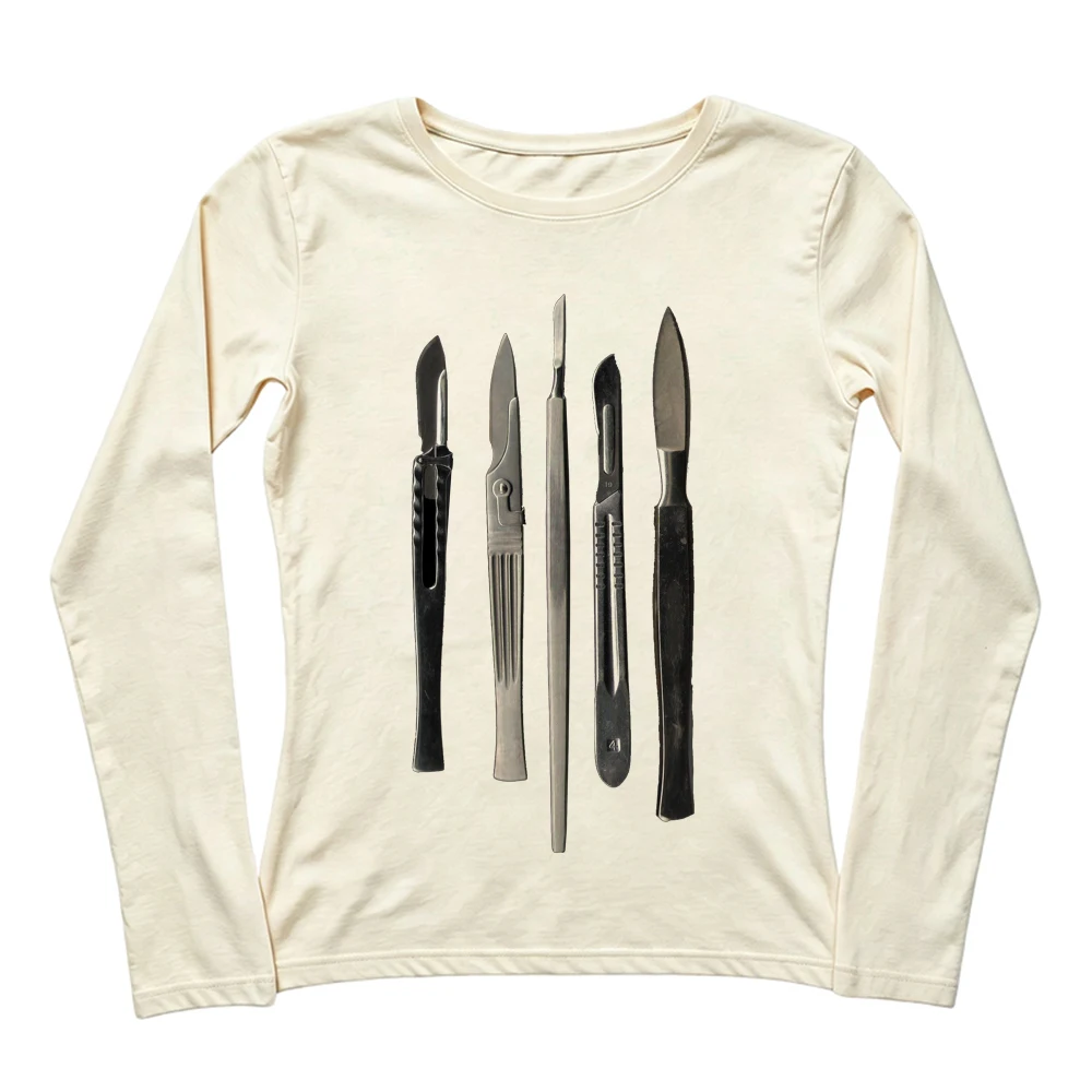 Vintage Y2K Women Long Sleeve T-shirt Surgical Blade Print Gothic Grunge Slim Crew Neck Top