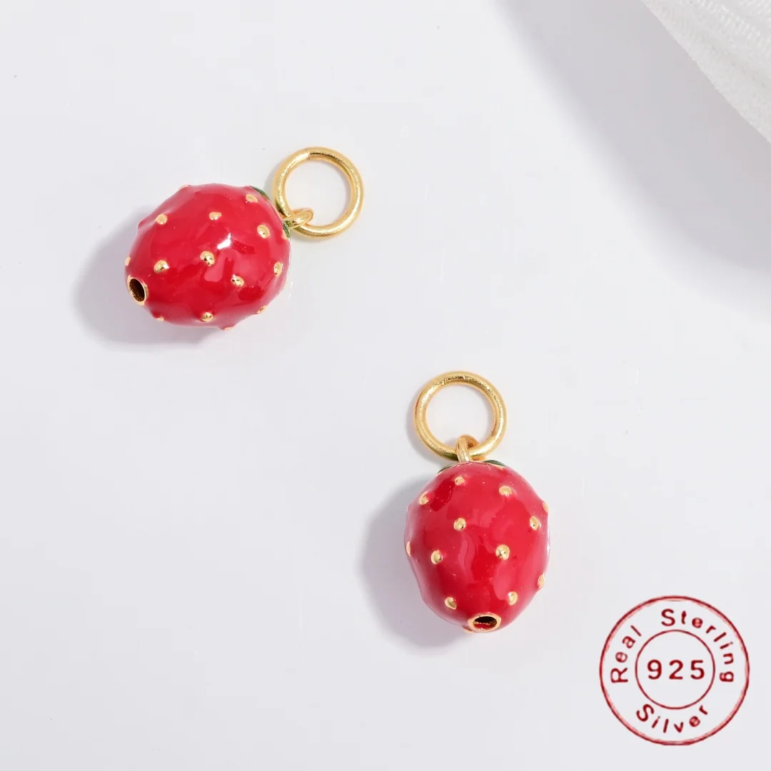 S925 Sterling Silver Cute Three-Dimensional Mmall Strawberry Charm DIY Handmade Bracelet And Necklace Jewelry Accessories SD99