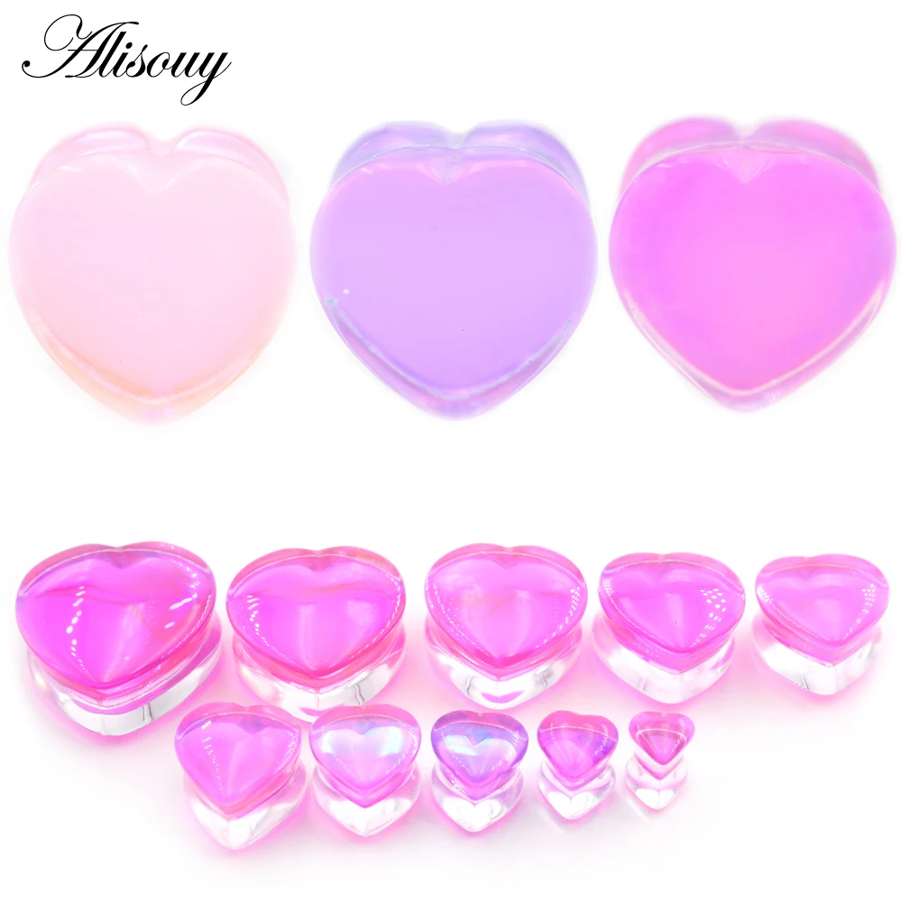 Alisouy 1PC Pink Purple Love Heart Transparent Glass Ear Tunnel Plugs Expanders Stretcher Gauges Earrings Piercing Body Jewelry