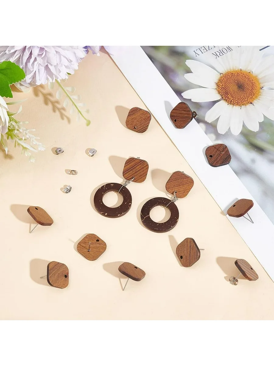 20 Pairs Walnut Wood Stud Earring Findings Square Vintage Walnut Wood DIY Stud Earrings Wood Earring Accessories Walnut=