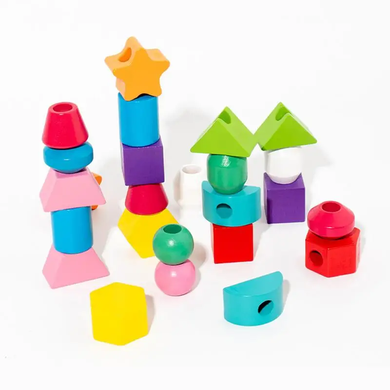 Montessori Wooden Beads Toy Stacking Blocks & Lacing Beads & Matching Shape Stacker Learning Toys Holiday Gifts for kids