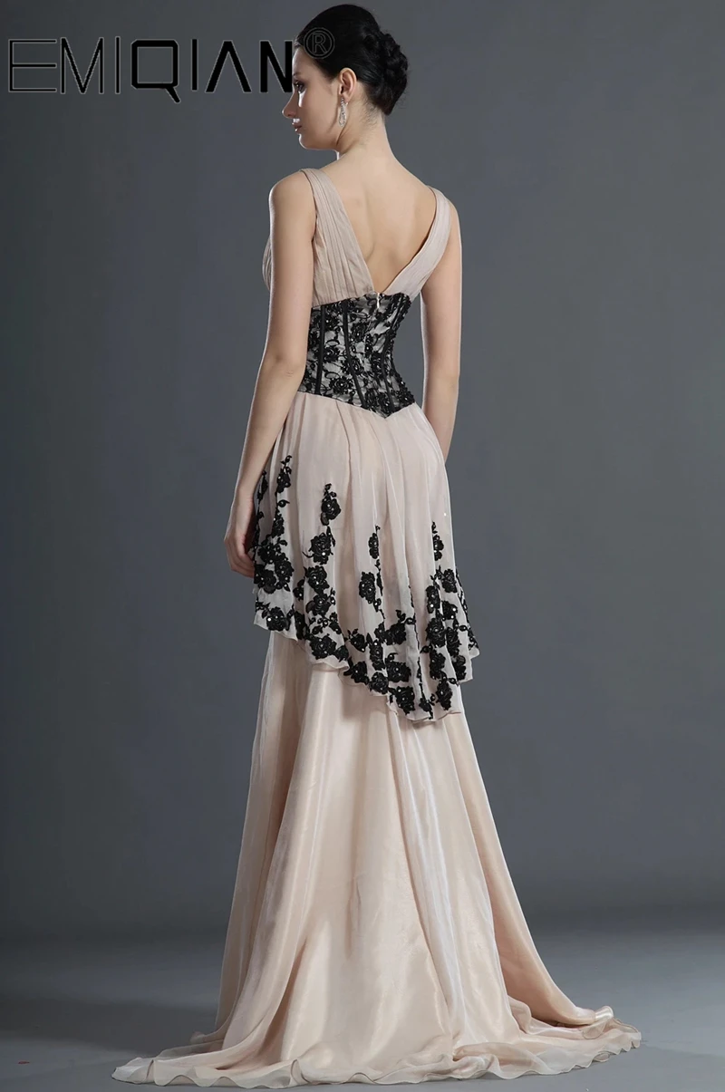 A Line V Neckline Sweep Train Champagne Chiffon Women's Formal Evening Dress with Black Lace Applique