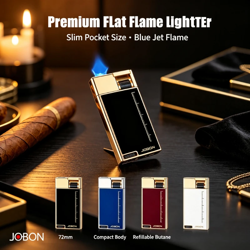 Gear‑Type Flame Adjustment Lighter, JOBON 9MM Slim Body, Flat Blue Flame, Visible Gas Window, Portable Ignition Tool