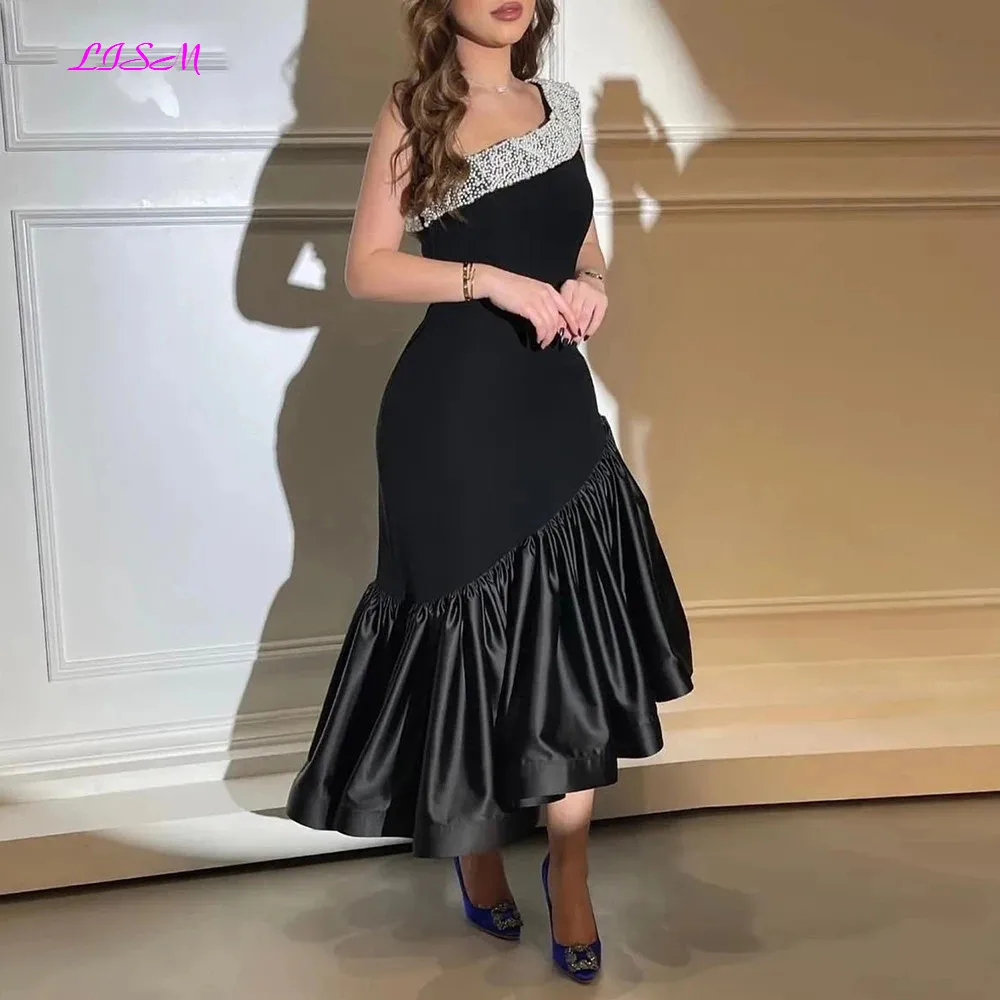 

Mermaid Black Saudi Arabia Prom Dresses One Shoulder Midi African Formal Women Evening Dress Wedding Party Gowns