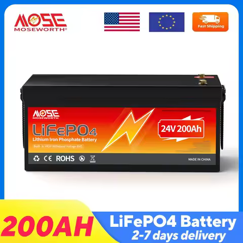 24V 200Ah LiFePO4 Lithium Battery 10000+ Deep Cycle Battery Built-in 200A BMS 5120W Rechargeable Lithium Batteries for Off-Grid