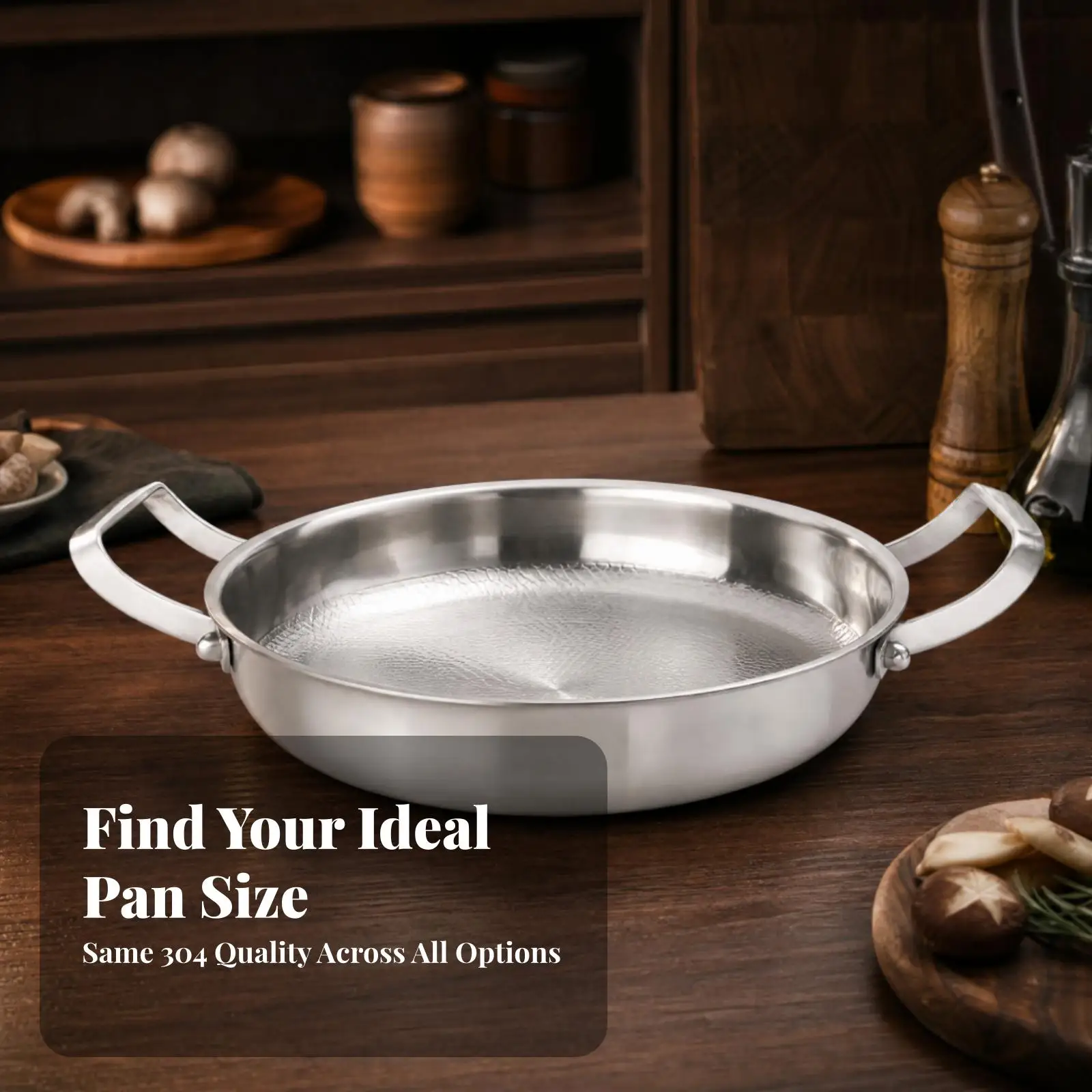 Polished Silver Stainless Steel Frying Pan Uncoated Skillet with Raised Leaf Texture and Side Handles for Family Cooking