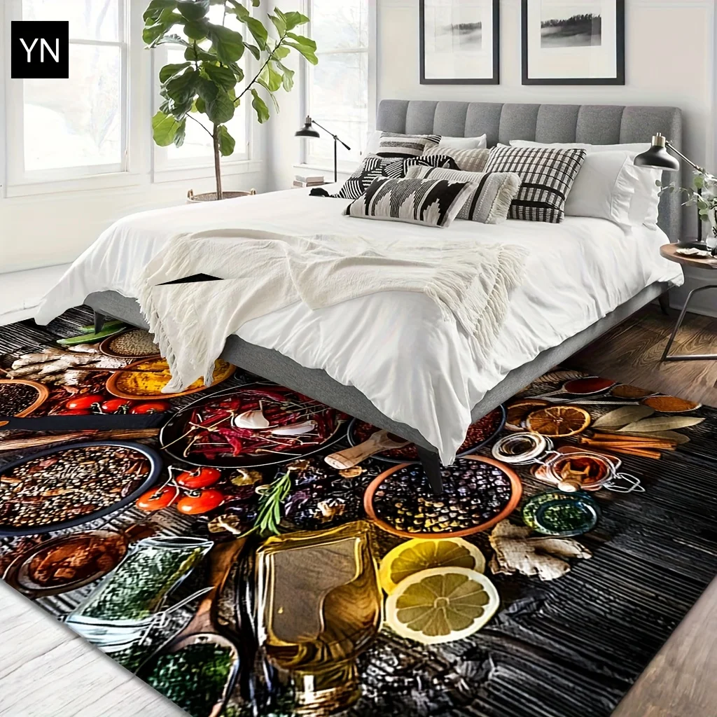1pc Rich Food Ingredient Pattern Kitchen Rug, Washable And Easy To Clean,Durable And Comfortable,Perfect for Kitchen Dining Room