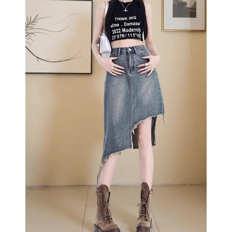 

Women Summer Fashion Tassel Irregular High Waist Appear Thin Denim Skirt Ladies Simplicity Office Lady All-match A-line Skirt