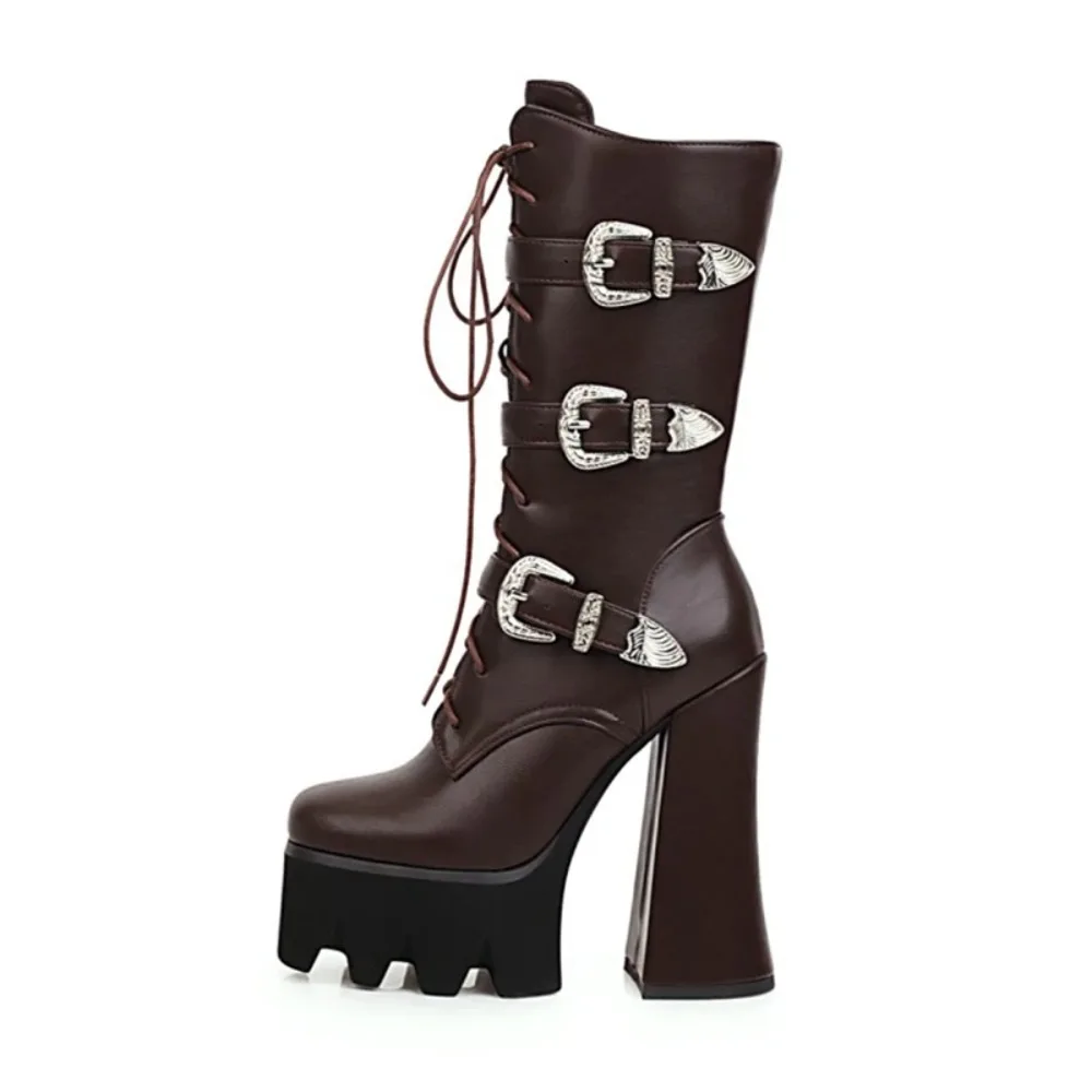 

Mid-calf Boots Women Autumn Winter Round Toe Punk Buckle Strap Comfortable Thick High Heel Lace Up Zipper Platform Boot 2753