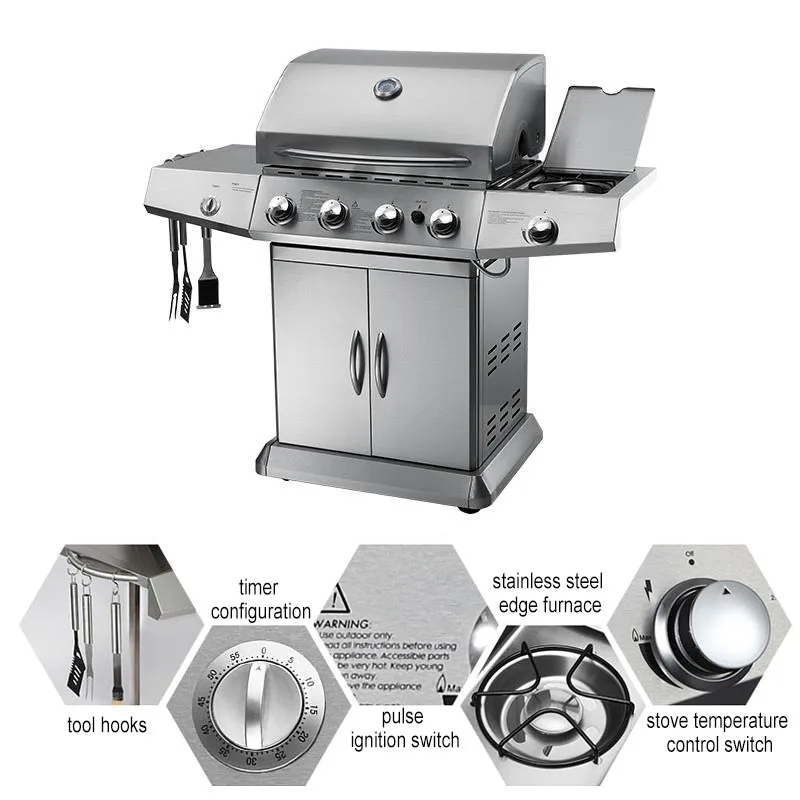 Courtyard stainless steel barbecue grill for 5-10 people, household gas outdoor barbecue grill, gas charcoal dual-use gas grill