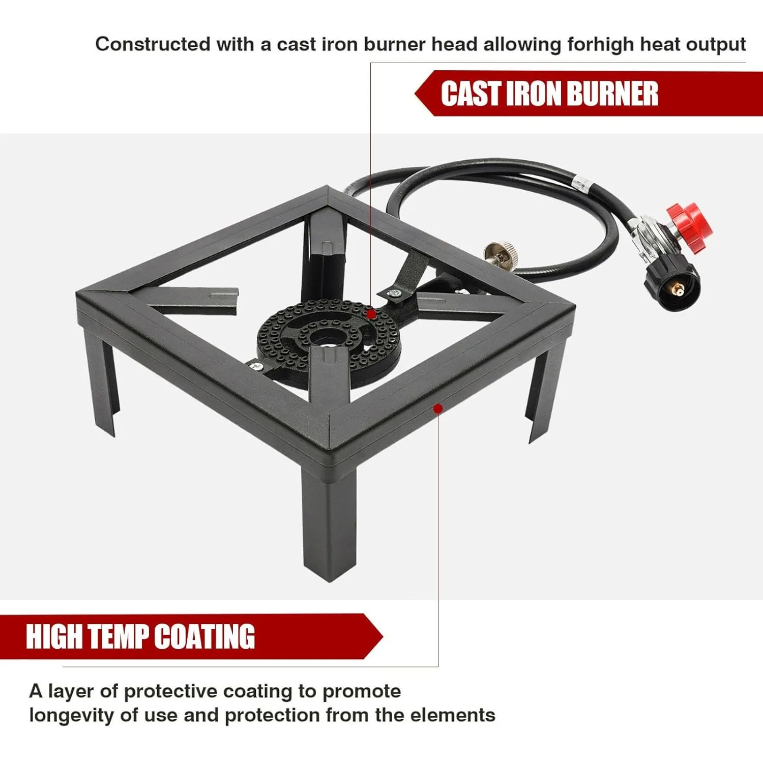 موقد غاز مربع محمول بشعلة واحدة طباخ البروبان مع خرطوم منظم قابل للتعديل 0-20 رطل لكل بوصة مربعة للتخييم والشواء وتخمير المنزل