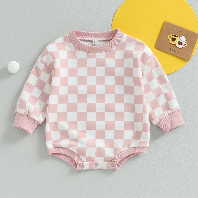 Baby Sweatshirt Rompers Clothes for Newborn Boys Girls Checkerboard Print Long Sleeve Jumpsuits Overalls Toddler Infant Clothing