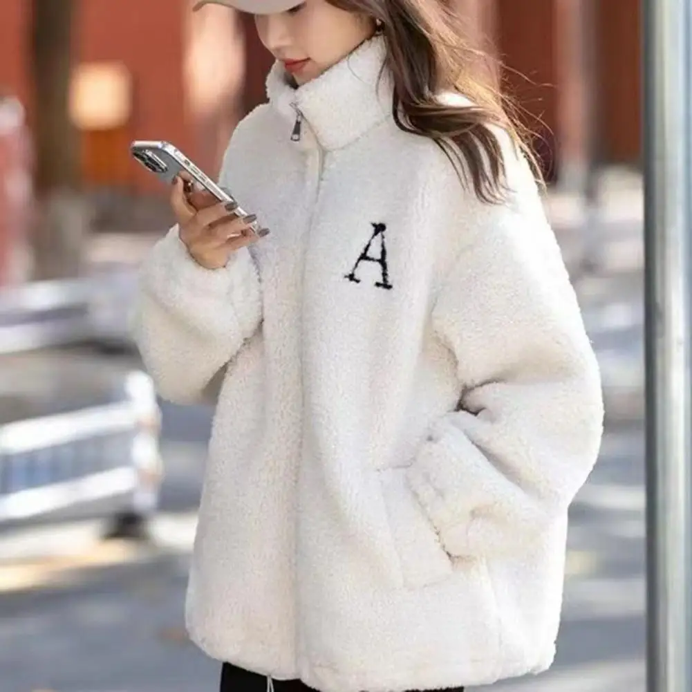 Women Casual Jacket Stylish Women's Winter Coat with Stand Collar Embroidered Letter Detail Plush Pockets Warm Cozy for Cold